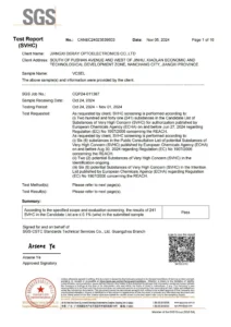 VCSEL laser diode full series REACH(SVHC) testing report, tested by SGS.