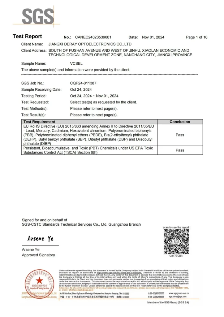 VCSEL laser diode full series ROHS testing report, tested by SGS.