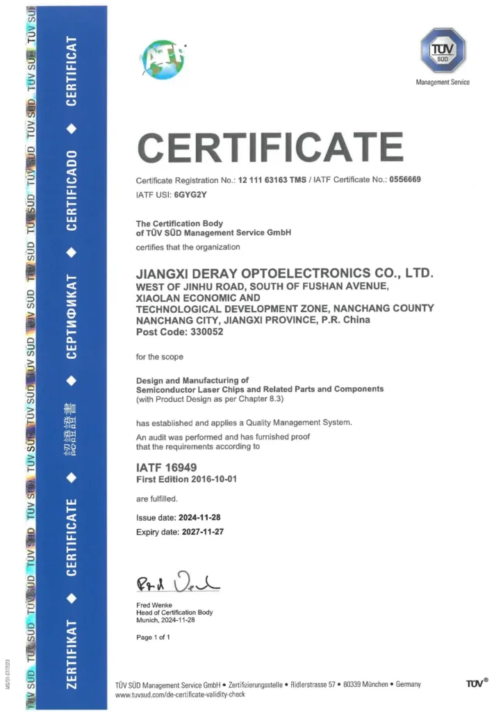 VCSEL LASER DIODE IATF16949 CERTIFICATE